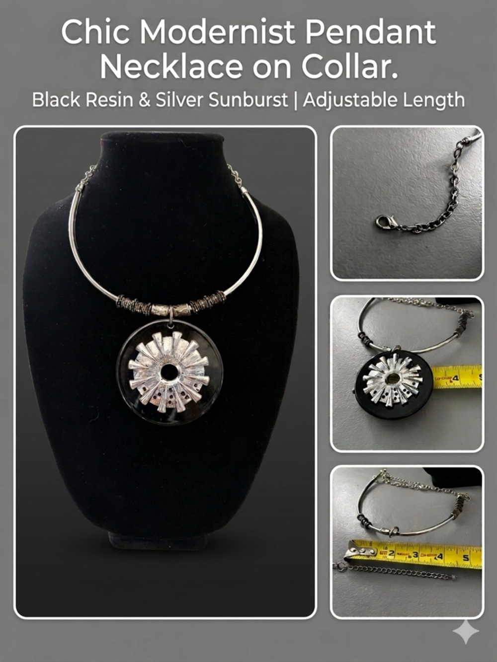 Chic Vintage Modernist Black Resin & Silver Sunburst Pendant Collar Necklace